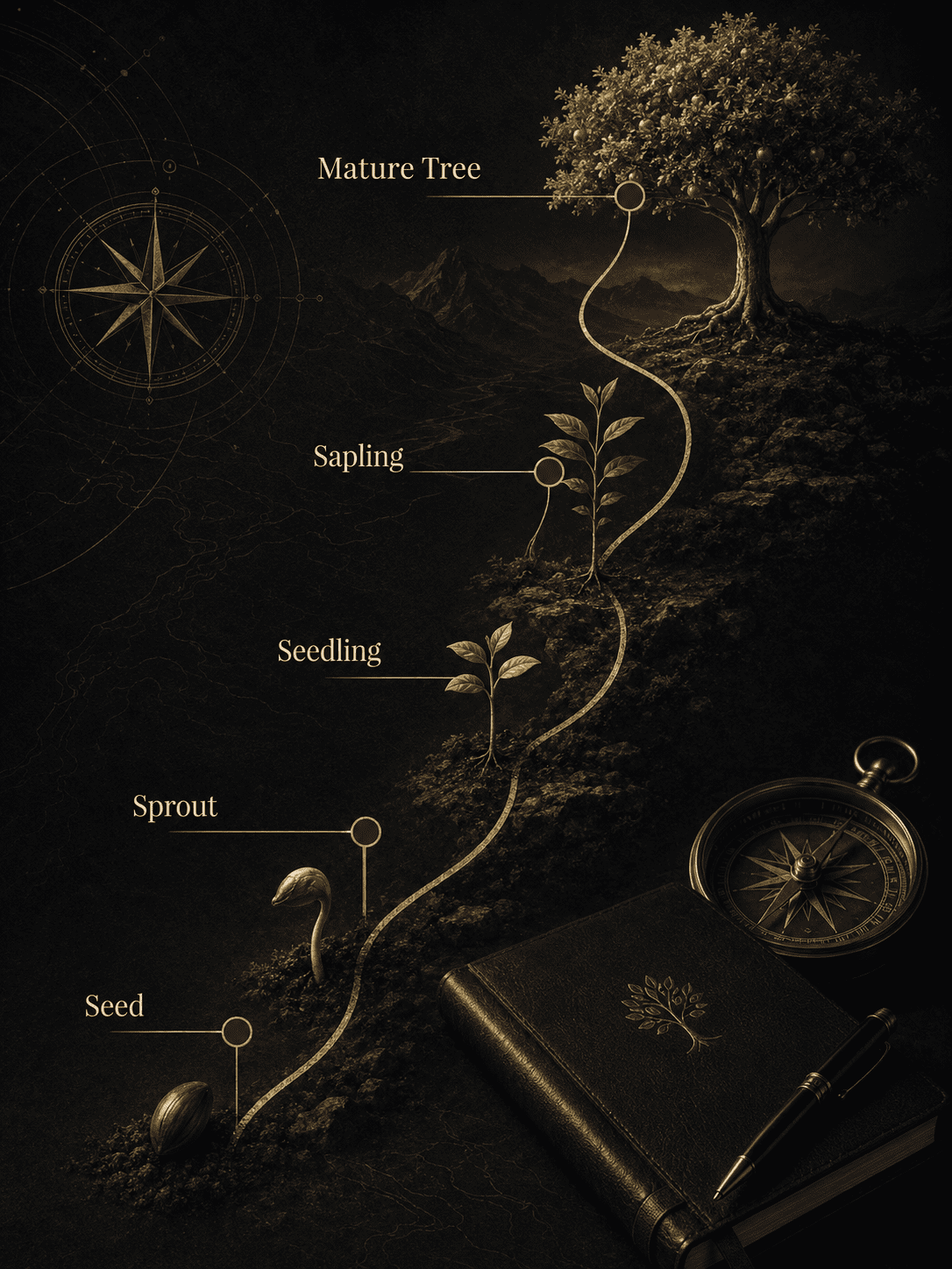 Premium leadership formation tree map: seed, sprout, seedling, sapling, mature tree arranged along a gold path line. Dark background, cream labels, burgundy markers, compass and jo