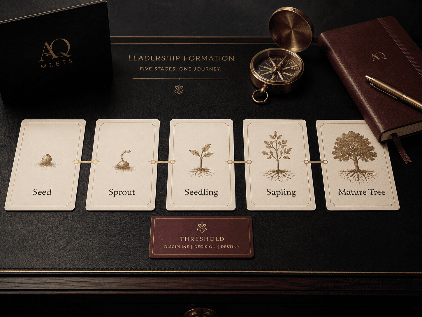 Premium desk scene with five stage cards arranged as a formation map. Cards read Seed, Sprout, Seedling, Sapling, Mature Tree. Compass, journal, gold line, burgundy threshold marke