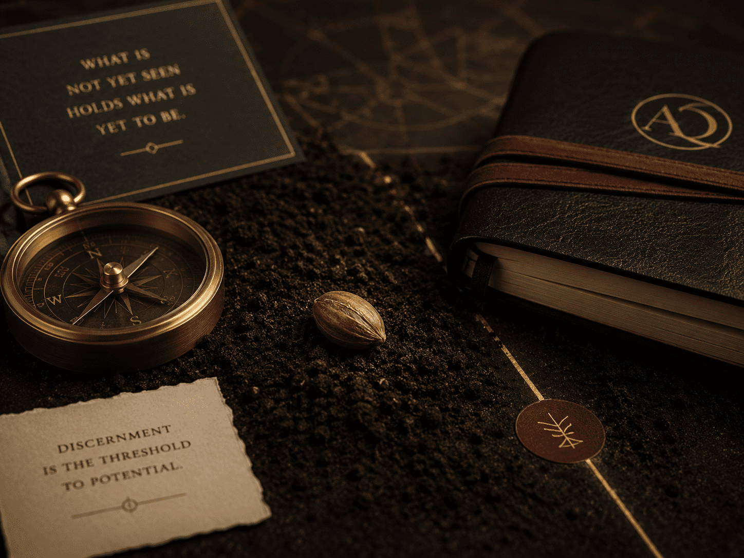 Premium symbolic seed image. A single seed on dark soil beside a compass, journal, gold line, and burgundy marker. Background suggests hidden potential. Serious, quiet, restrained.