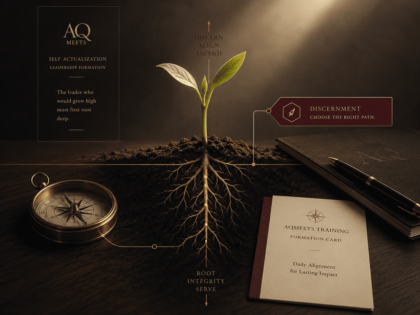 Premium sprout image. A young sprout pushing downward into roots and upward toward light. Desk elements nearby: notebook, training card, compass, gold line. Burgundy marker highlig