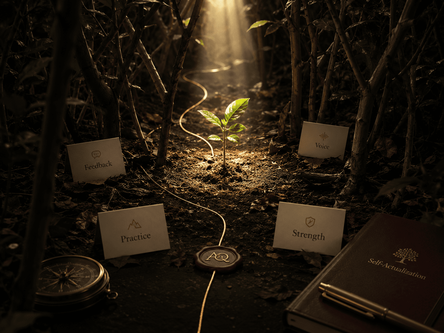 Premium seedling image. Young tree in a crowded environment, receiving light through branches. Subtle leadership cards: Feedback, Voice, Practice, Strength. Gold line moves through