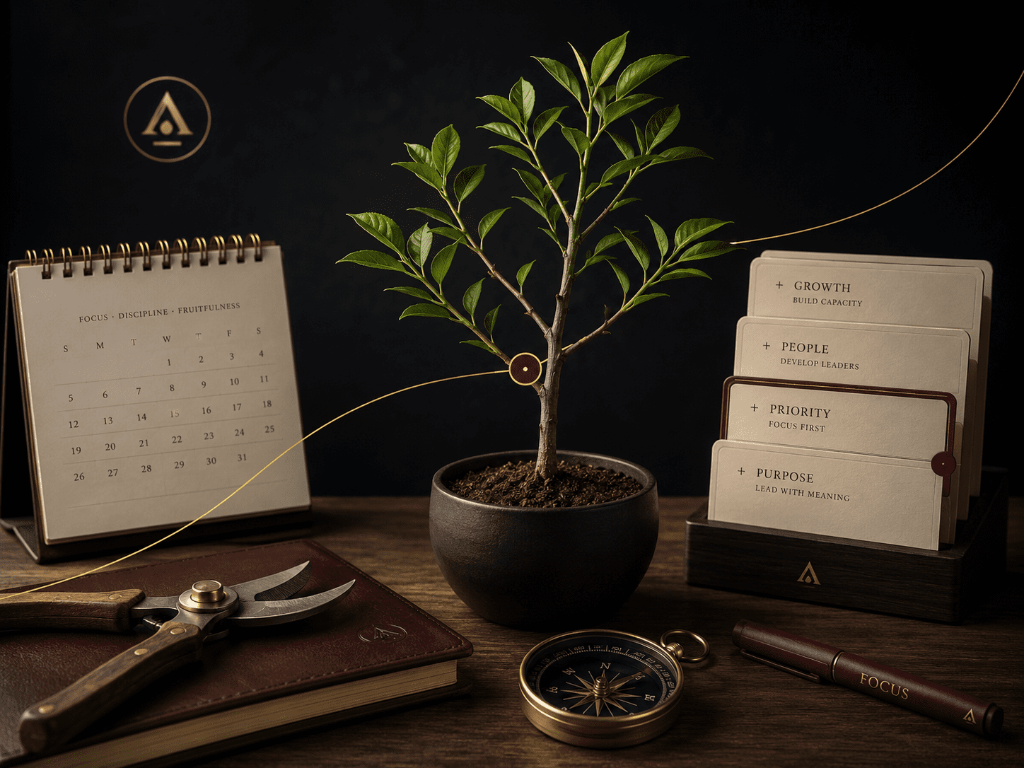 Premium sapling image. Young strong tree with structured branches, pruning shears, priority cards, calendar, compass, gold line, burgundy focus marker. Serious and refined.