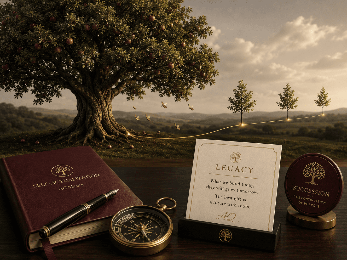 Premium mature tree image. Strong tree with fruit, falling seeds, gold line extending outward to smaller young trees. Journal, compass, legacy card, burgundy succession marker.