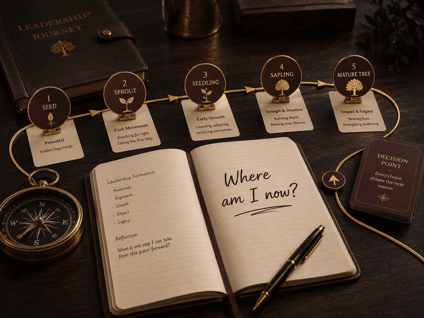 Reflective leadership desk scene. Open journal with “Where am I now?” written clearly. Five stage markers nearby, compass, gold line, burgundy decision marker.