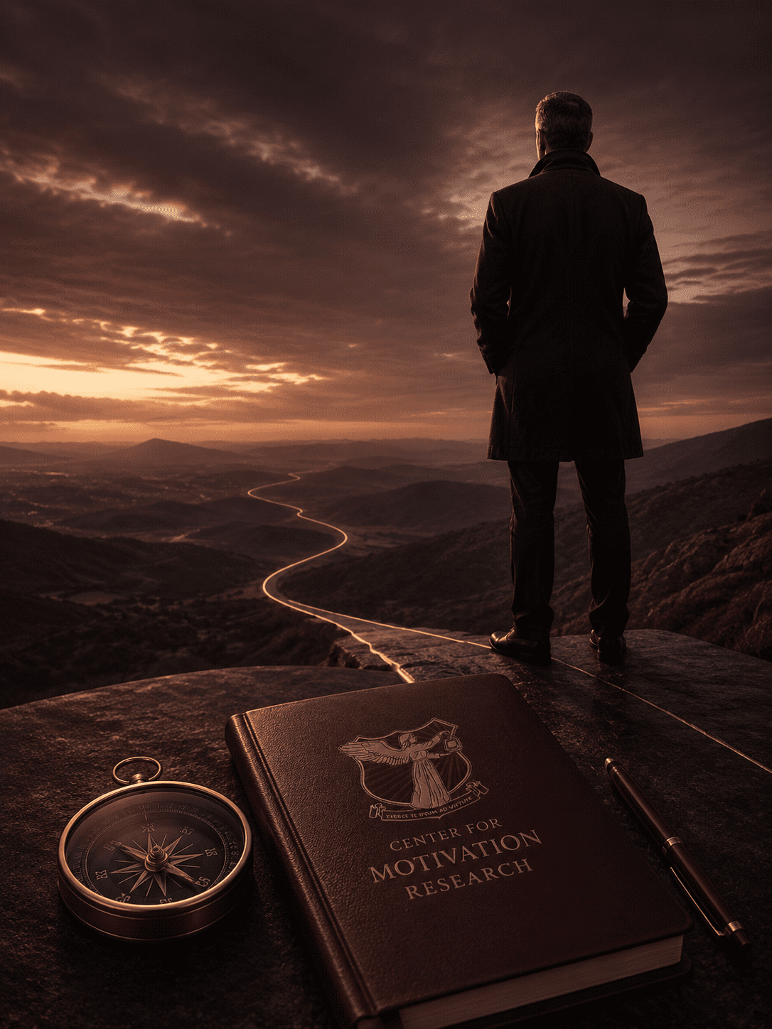 Solitary leader standing at a threshold path at dusk with compass and journal