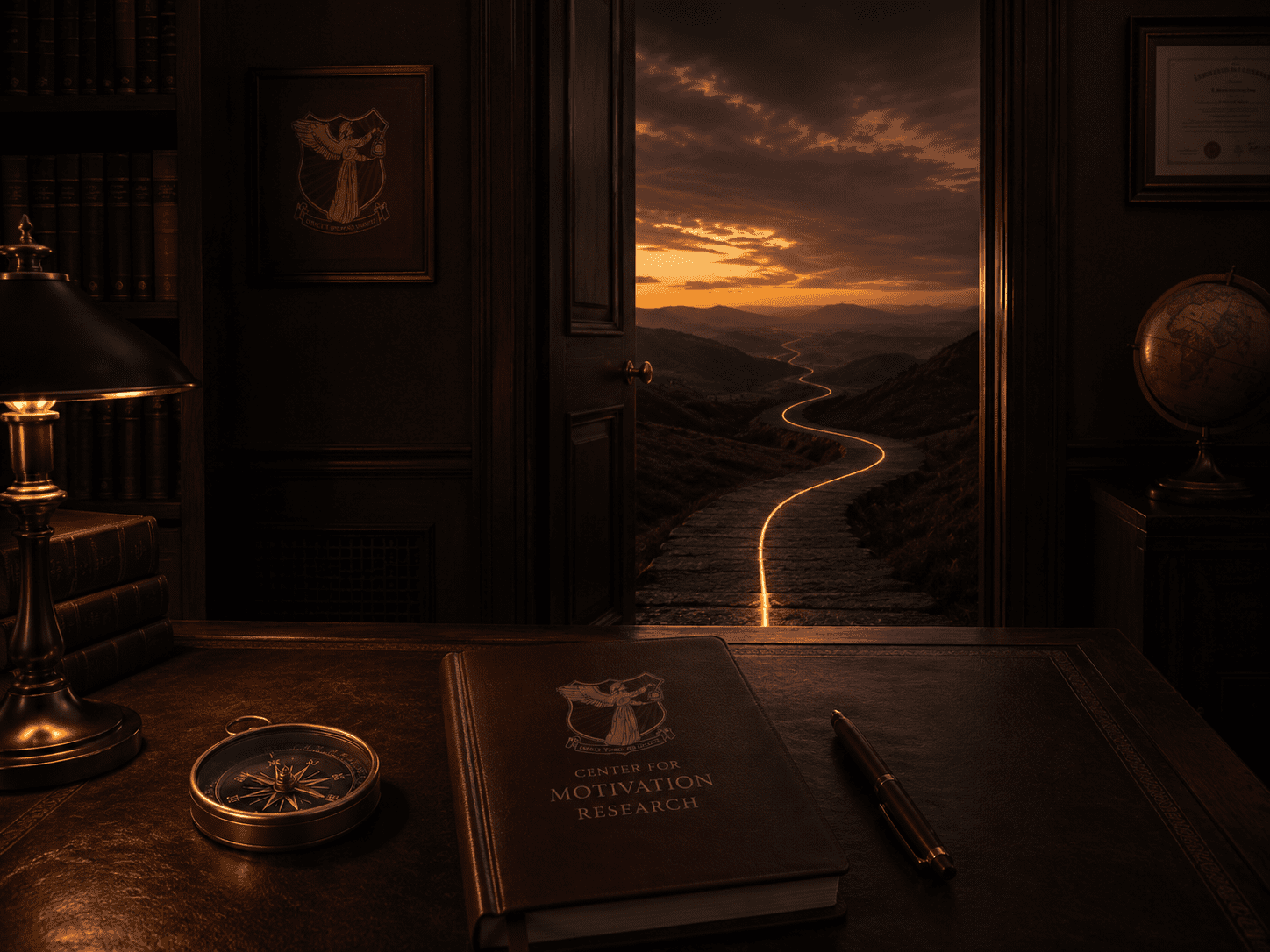 Dark doorway opening from a workroom into a quiet threshold landscape