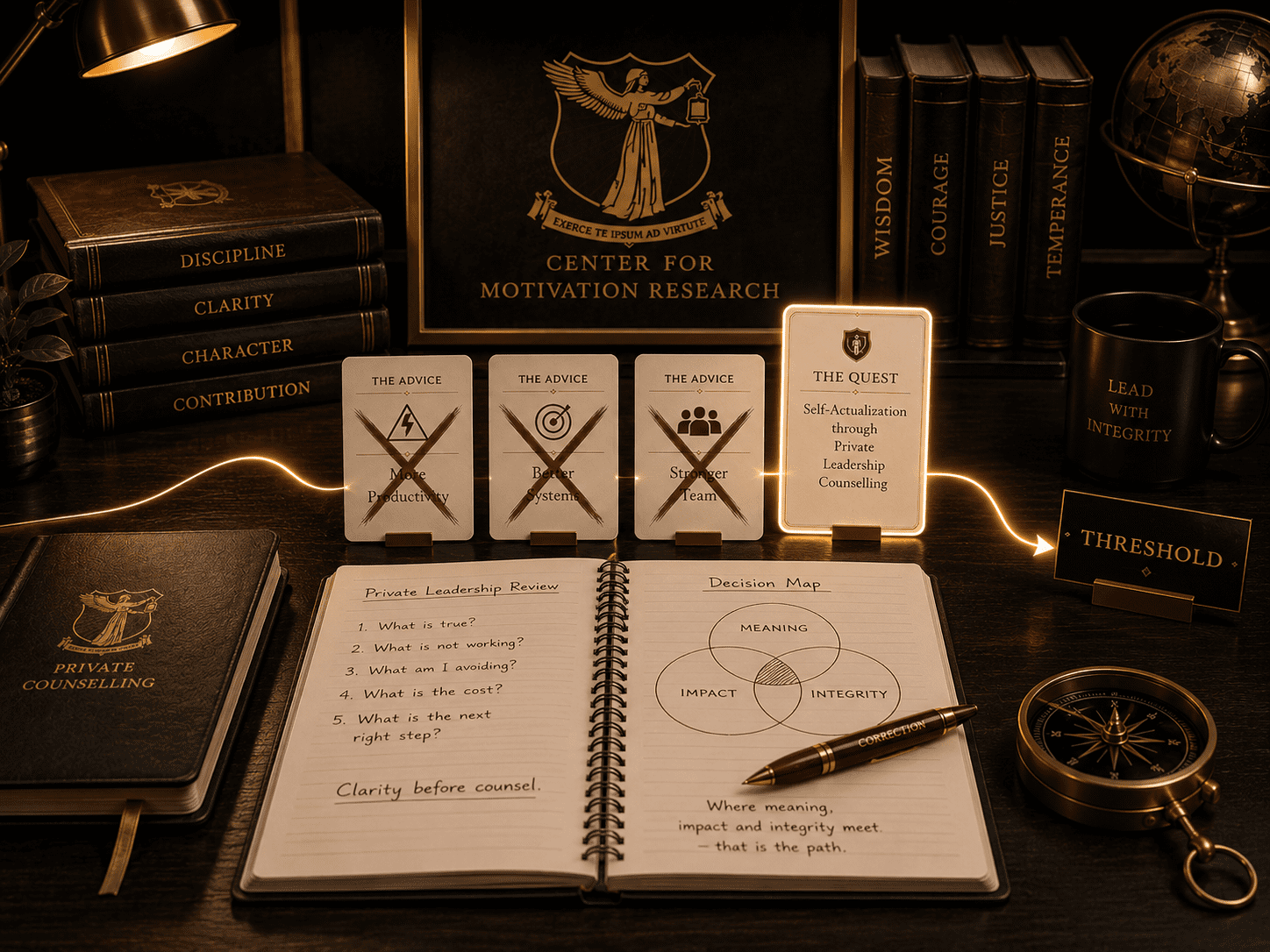Desk with books, crossed-out advice cards, and a clear Quest card
