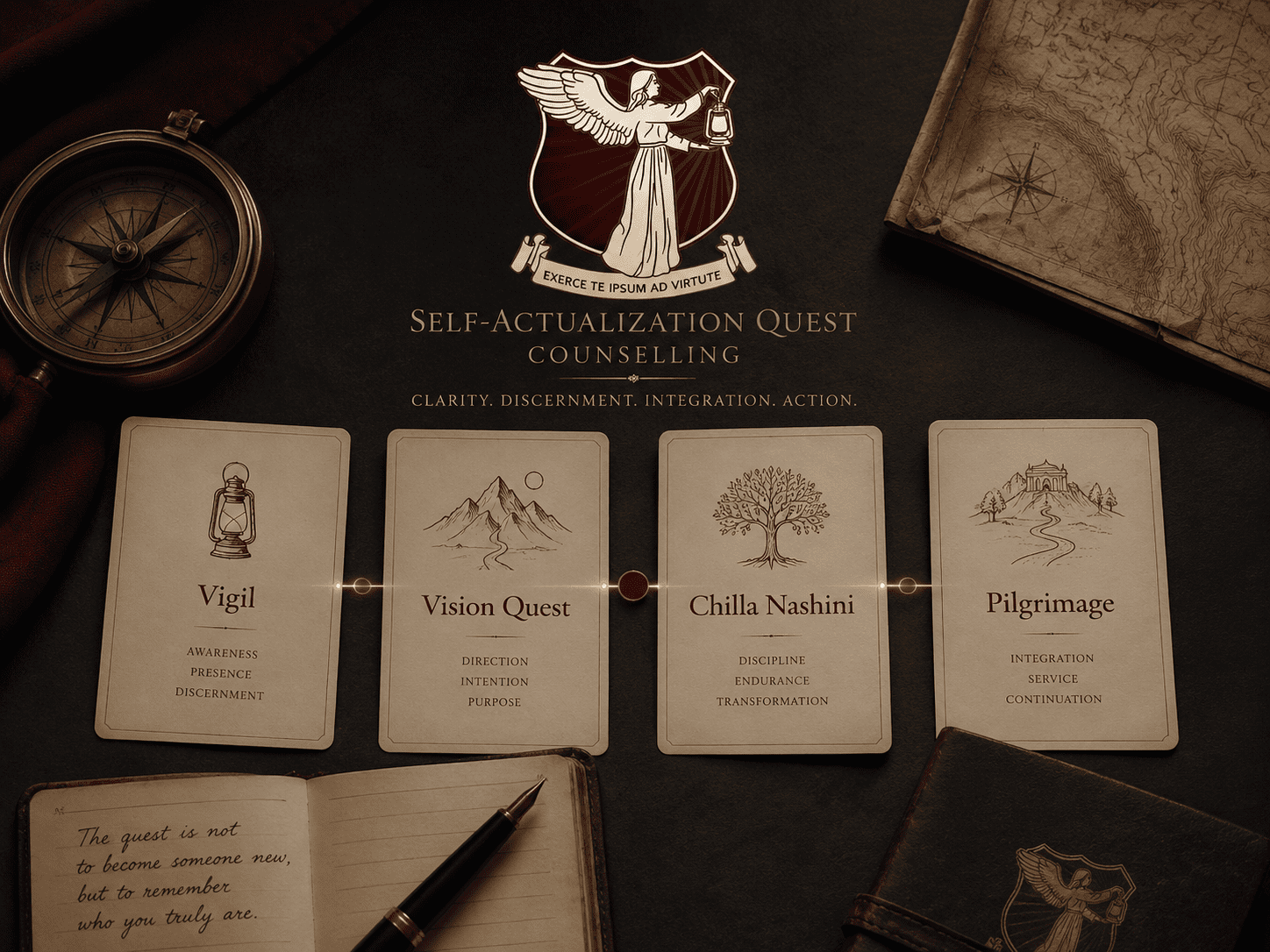 Four quest form cards labelled Vigil, Vision Quest, Chilla Nashini, and Pilgrimage