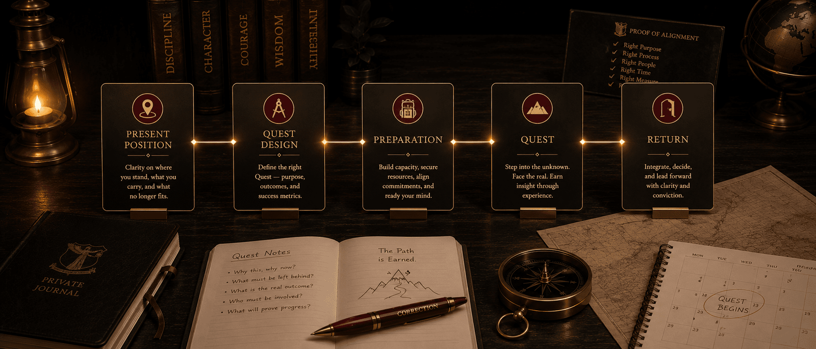 Five phase cards for Present Position, Quest Design, Preparation, Quest, and Return
